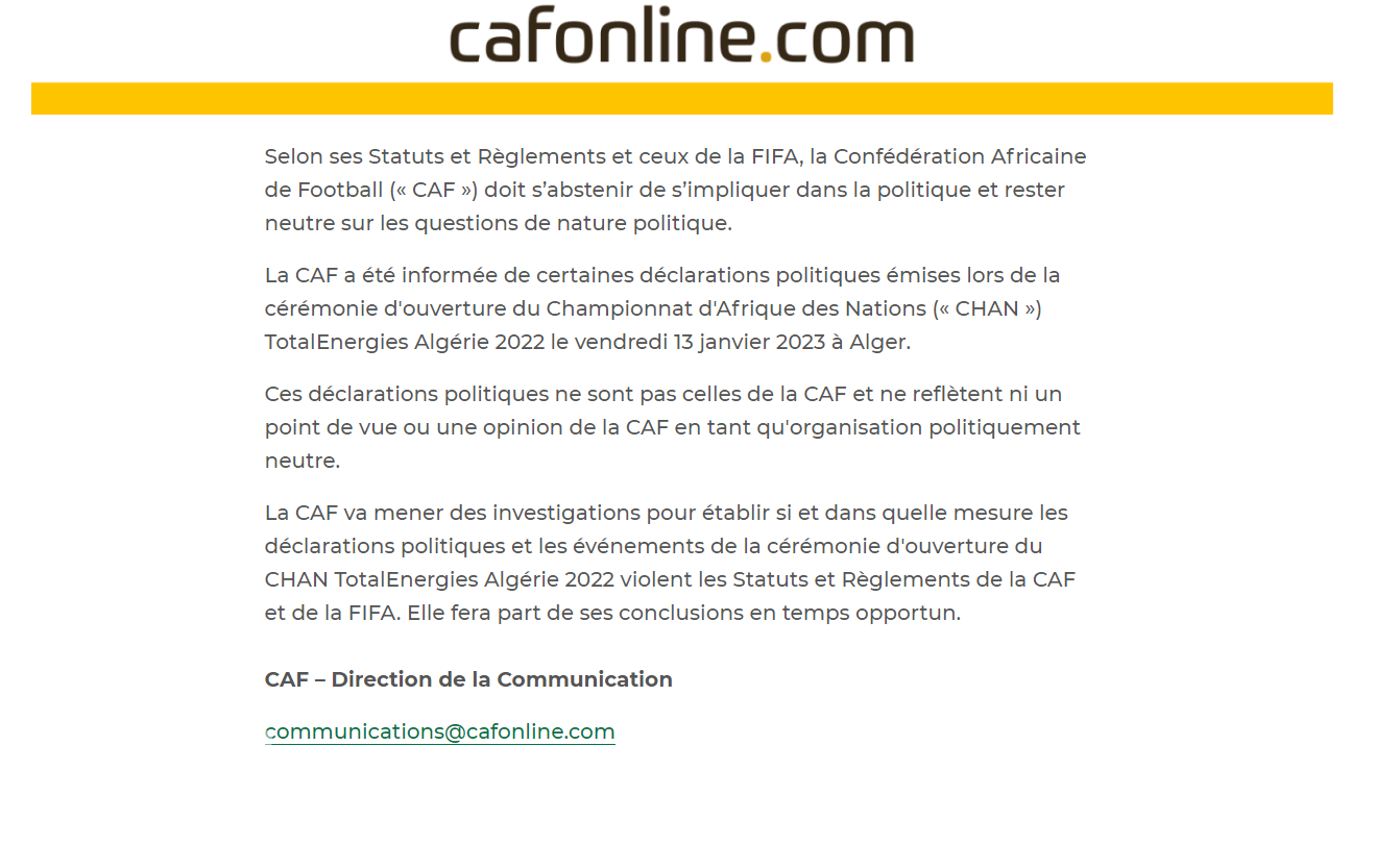 Communique CAF Algerie Sanctions Maroc